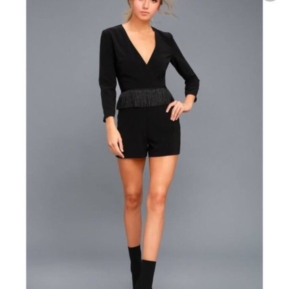 Ali & Jay Black Fringe Trim Long Sleeve Romper With V-Neckline & Back Zipper